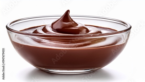 glass bowl filled with creamy chocolate pudding isolated on white background