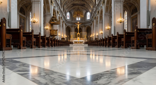 A long, empty church nave with a polished marble floor reflecting light, leading to a golden altar and crucifix under high arched ceilings.