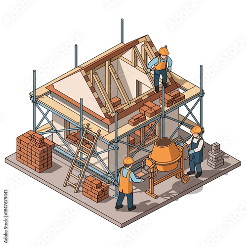 Construction site with workers building a house, using bricks, scaffolding, and a cement mixer.