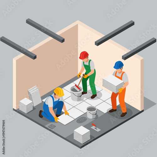 Isometric view of construction workers laying tiles in a room with tools and materials.