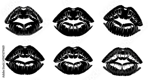 Six Black Lipstick Kiss Marks Isolated on White Background.