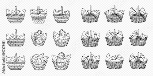 Set of hand-drawn picnic baskets with food, perfect for outdoor leisure and summer activities.