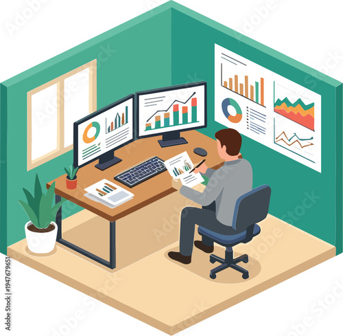 Businessman Analyzes Data on Multiple Screens in Office Workspace