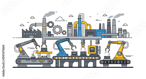 Automated Factory Production Line with Robotic Arms.