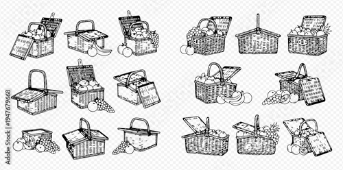 Set of hand-drawn picnic baskets with food and drinks for outdoor leisure.