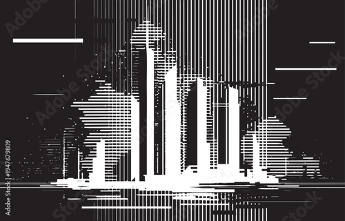 Black and white city skyline silhouette with vertical line patterns