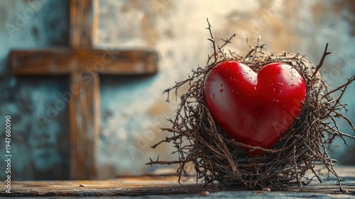 red glossy heart cradled in a nest of sharp thorns beside a weathered wooden cross evoking sacrifice solemn devotion and tender sorrow