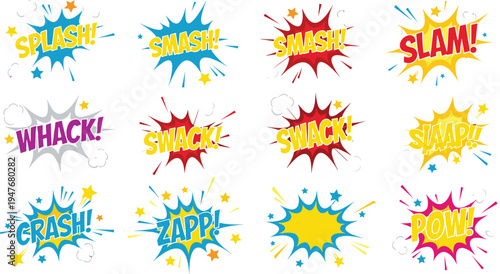 Set of colorful comic book sound effects bubbles with splash smash slam whack swack slap crash zapp pow vector illustration elements