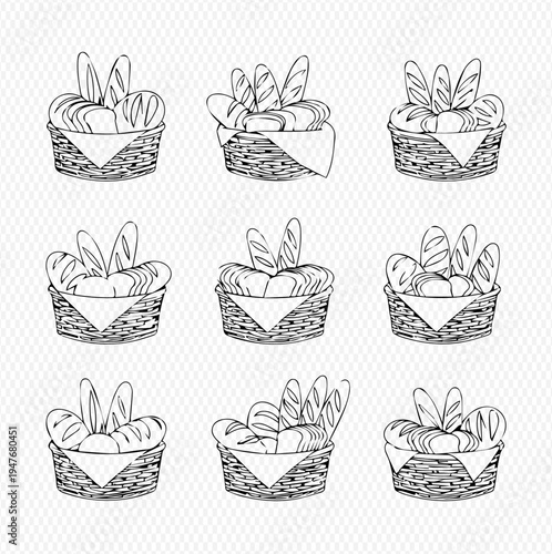 Set of hand-drawn sketches of various bread and pastries in wicker baskets, perfect for bakery designs.