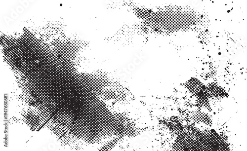 Black and white halftone grunge texture with ink splatters and distressed dot patterns