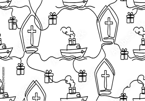 Sinterklaas Tradition Monoline Background with Miter and Steamboat