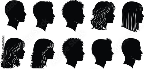 Set of male and female profile head silhouettes with different hairstyles, diverse people face side view avatars, vector illustration icons collection