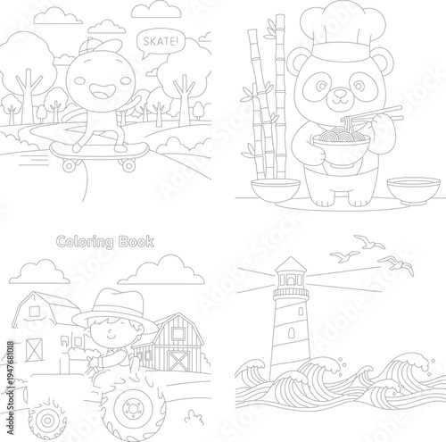 Engaging coloring book illustrations: skater kid, panda chef, farmer tractor, and coastal lighthouse scene, line art, skateboarding park