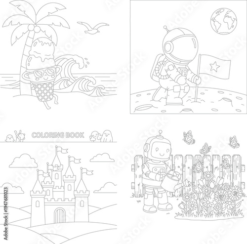 Vibrant coloring book pages: tropical beach fun, astronaut moon exploration, fairytale castle, and robot garden watering