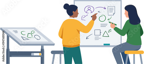 Two women collaboratively brainstorm on a whiteboard in an office setting with a table