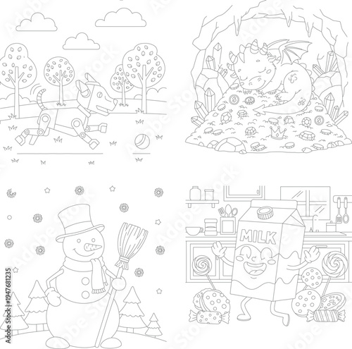 Winter fun coloring book pages: snowy forest play, dragon treasure hoard, happy snowman, and monster kitchen sweets, winter season