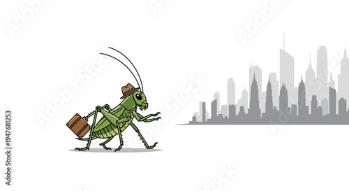 A grasshopper in a hat with a briefcase walking towards a city skyline