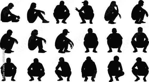 Sitting and crouching people silhouette collection, human poses bundle, resting person shapes, men and women figures for urban and lifestyle design (21 words)
