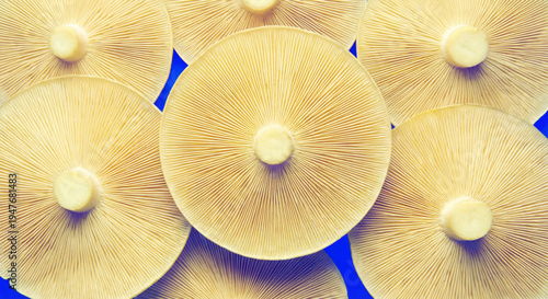 Macro view of yellow oyster mushroom gills, Underside of fresh mushroom caps with distinct radial gills. Abstract pattern of mushroom gill texture on a vibrant blue background.