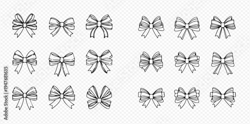 Set of hand-drawn decorative bows, perfect for gifts, celebrations, and festive occasions, isolated on a transparent background.