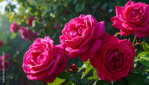Three vibrant pink roses in a lush green garden setting