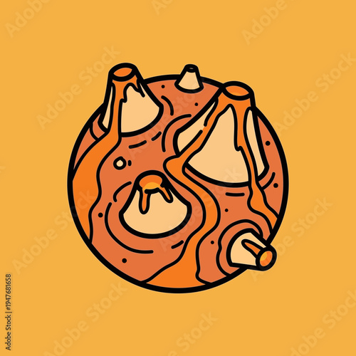 Illustration of a planet with multiple volcanoes erupting orange lava across its surface.