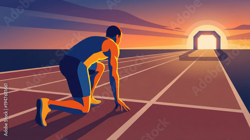 Athlete Preparing to Sprint Towards Sunset in an Inspiring Track Scene with a Bright Horizon