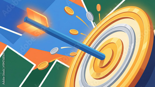 Arrow Hitting Target with Coins Background Representing Success in Business Growth and Goal Achievement