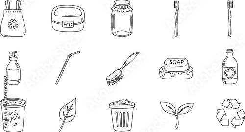 Collection of hand-drawn icons representing eco-friendly and sustainable living products