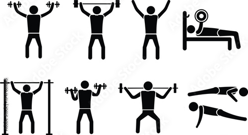 Black vector illustration set of business and fitness person silhouettes, including running man and woman stick figure icons