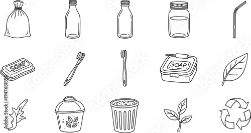 Collection of hand-drawn icons representing sustainable and eco-friendly lifestyle items