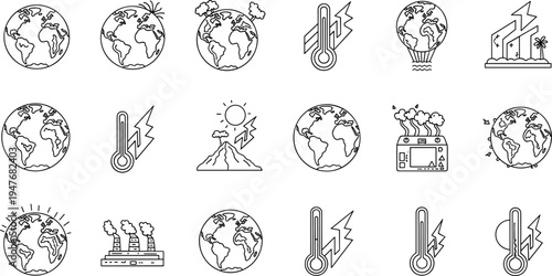Collection of climate change and global warming icons representing environmental issues