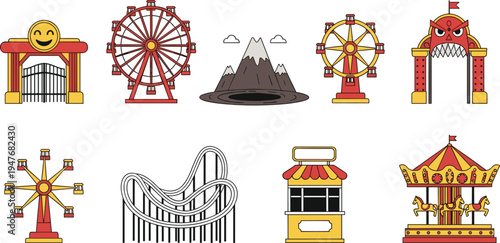 amusement park attractions vector set, ferris wheel roller coaster carousel circus gate carnival rides illustration collection