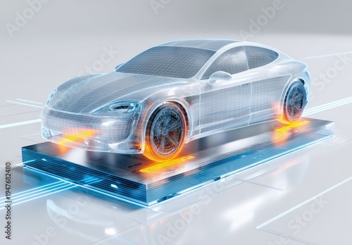 Futuristic transparent vehicle blueprint with glowing energy accents on platform