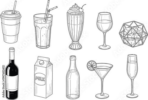 beverage glassware and drink containers line art vector set, milkshake wine bottle cocktail cup illustration collection