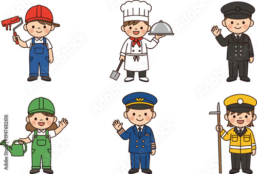 different professions cartoon characters illustration, painter chef doorman gardener pilot guard worker kids job occupation vector set