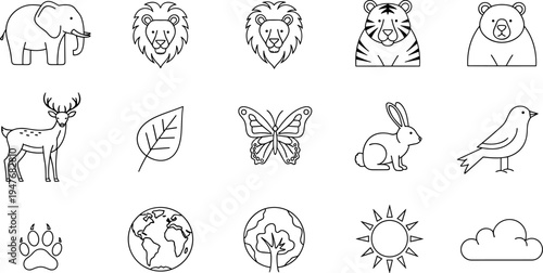 Collection of simple line art icons representing animals, nature, and weather elements