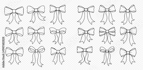 Set of hand-drawn outline bows, ribbons, and knots for decoration and gifts on a transparent background.