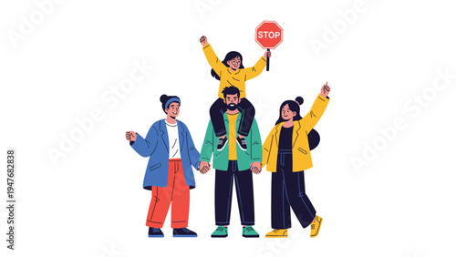 Unified family group including a father carrying a child on his shoulders holding a stop sign during a peaceful public protest or march.