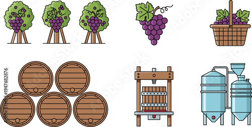 grape wine production process illustration, vineyard grapes basket barrels press fermentation equipment winery vector set agriculture wine making icons