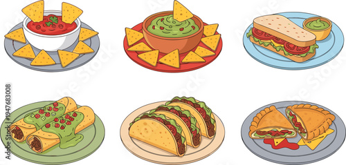 mexican food dishes vector set, tacos burrito nachos salsa guacamole sandwich traditional street food illustration collection