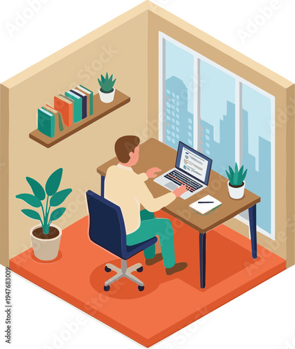 Man working on laptop at desk in modern office cubicle with city view