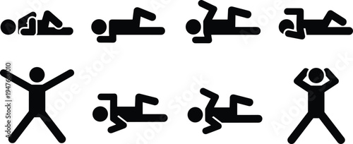Stick figure exercise poses set including floor workout stretching and fitness training icons isolated vector illustration for health activity design