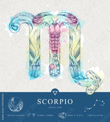 Modern magic witchcraft card with astrology Scorpio zodiac sign characteristic. Hand drawing art product. Vector illustration