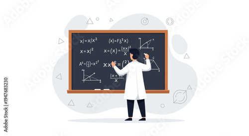 Man in white coat write math law physics sign and symbol on a big black board