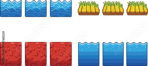 pixel game environment tileset vector, water grass lava ground blocks for platformer level design retro gaming assets
