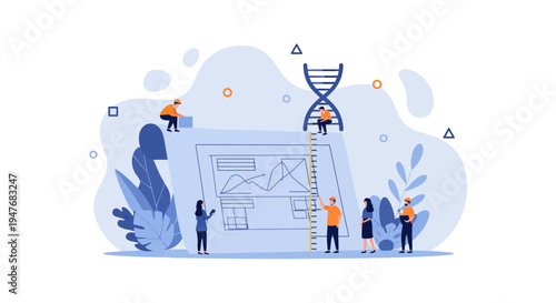 team at work on a big blue print for bio tech and science and build