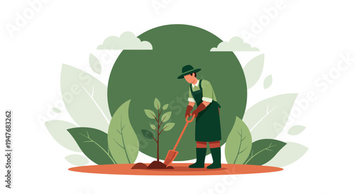 Man in hat with spade set tree in soil in a green garden for nature