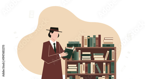 Man in hat reads book at shelf for study and work in his big room