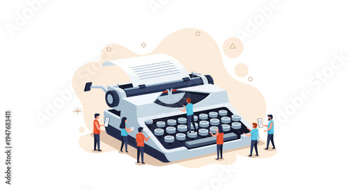 Small men and women work on a big old typewriter for new art or news